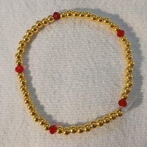 NWT Hancrafted Gold and 8" Ruby Red Glass (July), Beaded Bracelet.
